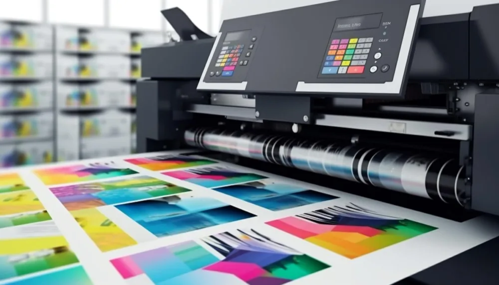 Commercial printing press producing colour prints